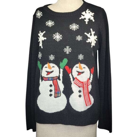 Black Snowman Winter Sweater Size Large Petite - Picture 1 of 4